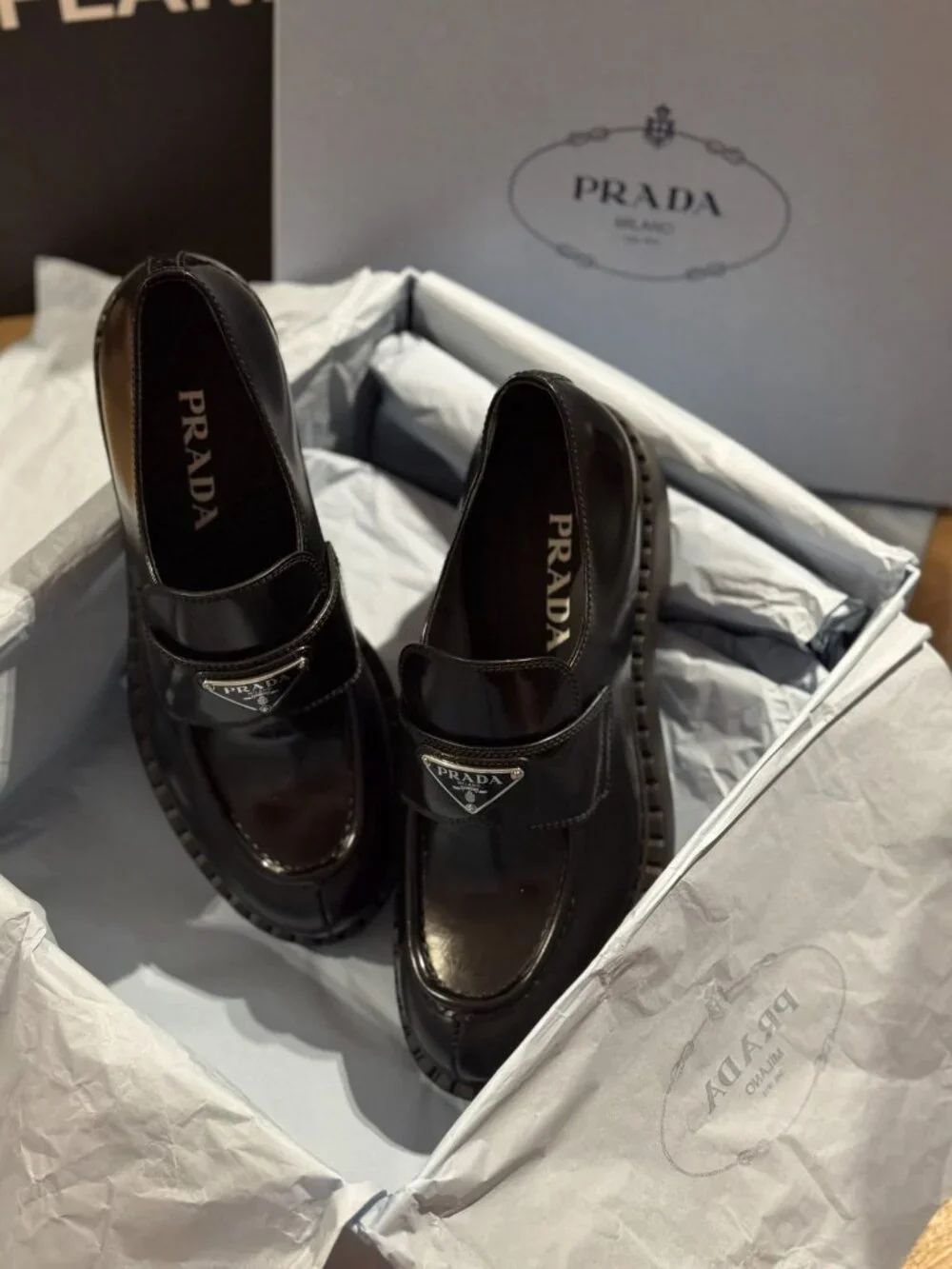 Black Leather Slip On Loafers Chunky Sole